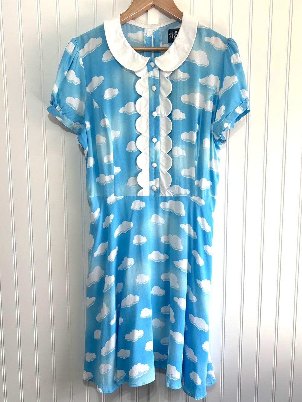 Hell Bunny Blue Cloud Print Peter Pan Collar Scallop Dress XL UK 16 Retro Pinup